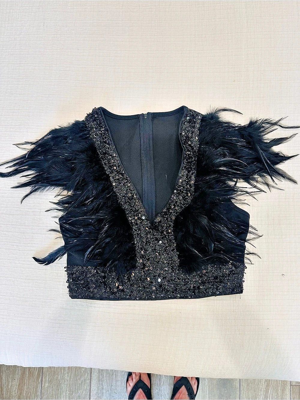 SHEIN BAE Feathered  Trim Crop Sequin Top Black Small